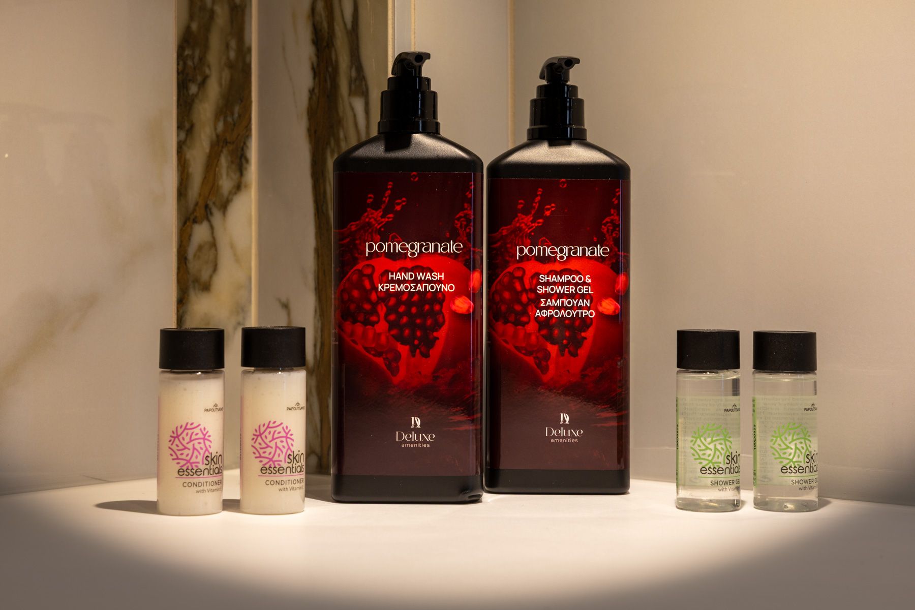Bath products on the marble counter in Anemoessa